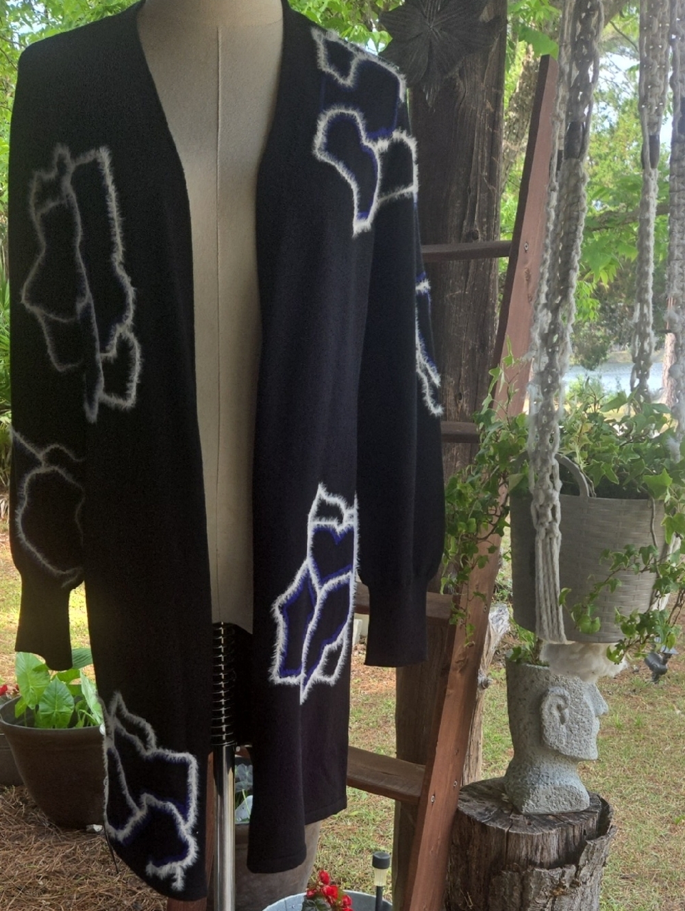 Chico's Black Longline Open Front Cardigan With Abstract Fuzzy Floral Embroidery